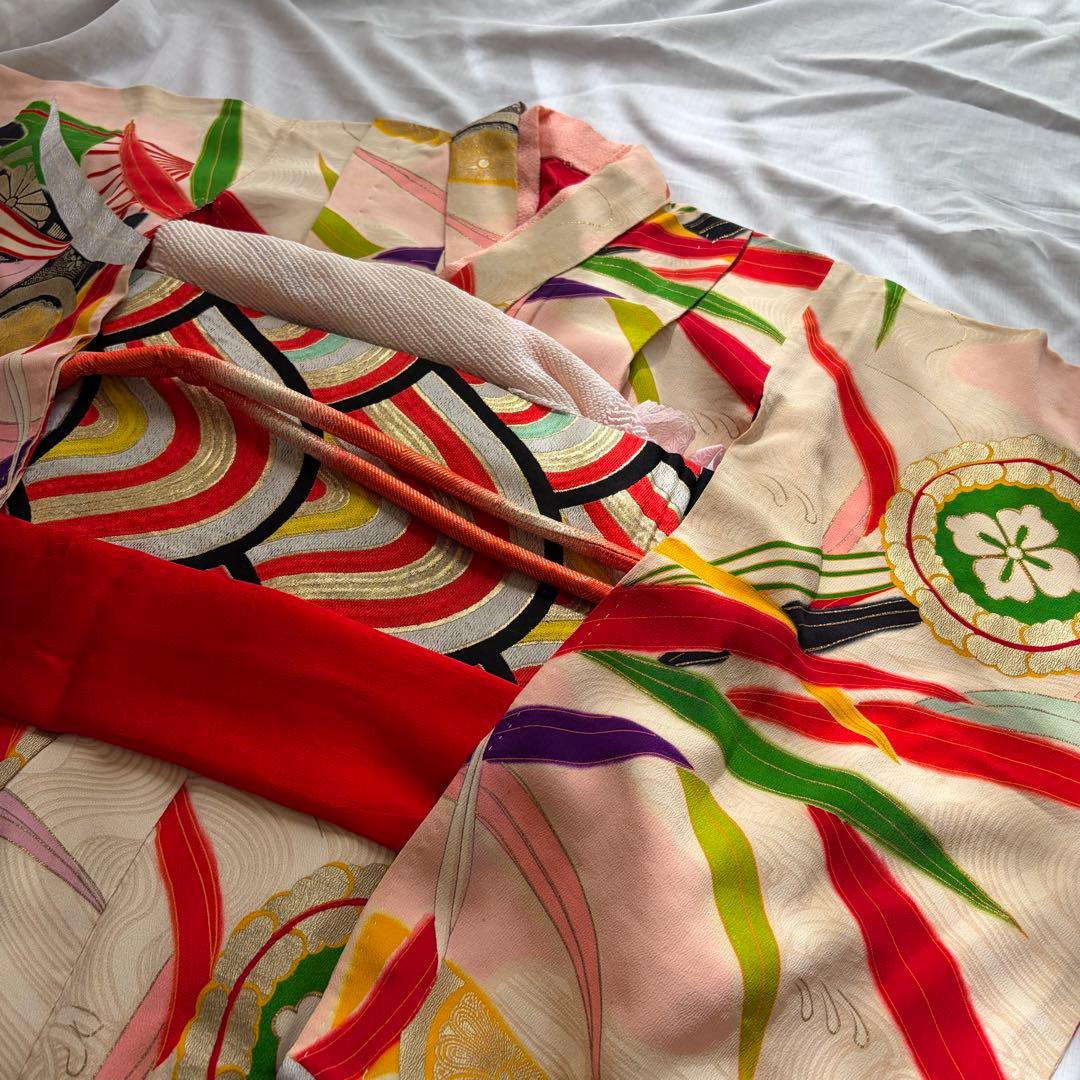 七五三　着物　正絹　アンティーク　レトロ　ピンク７歳　日本髪　結び帯　フルセット