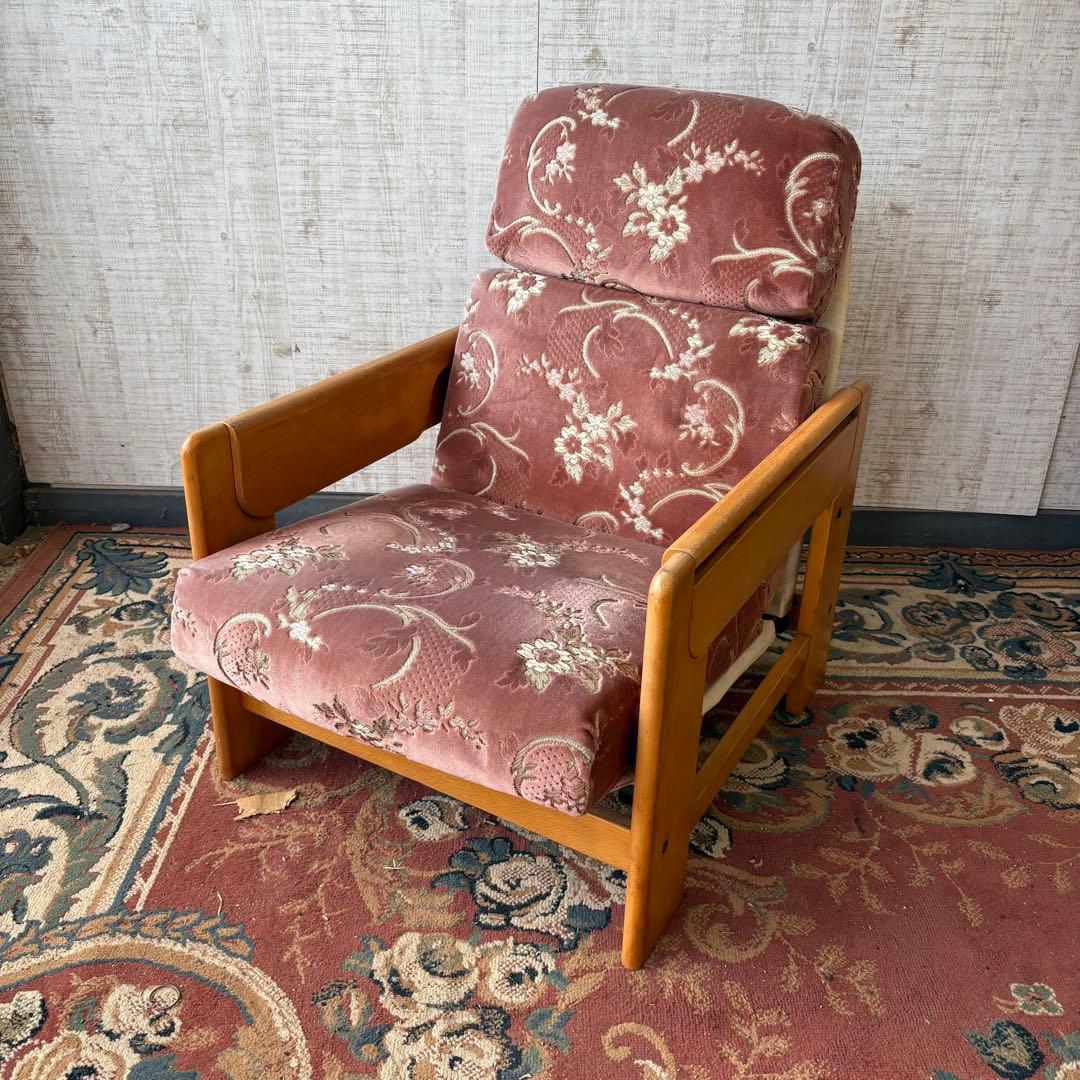 昭和レトロ カリモク 花柄ベロア リクライニングチェア 一人掛けソファー ロビー