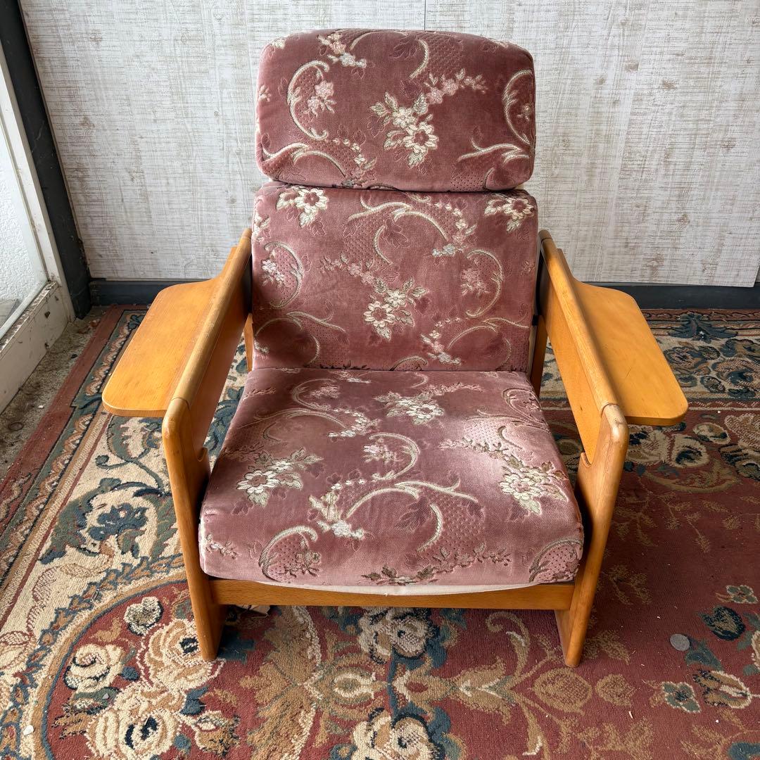 昭和レトロ カリモク 花柄ベロア リクライニングチェア 一人掛けソファー ロビー
