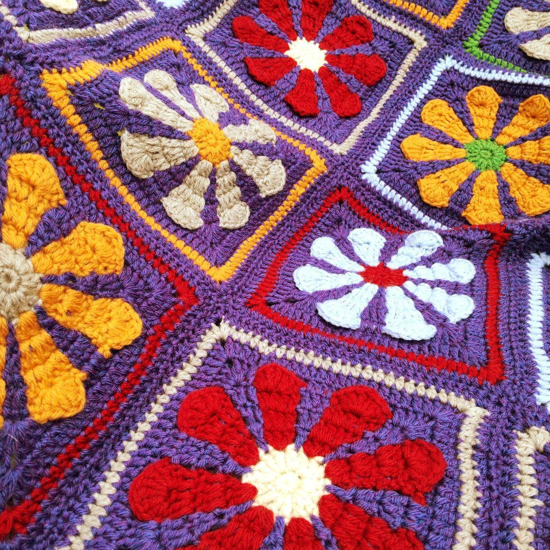 手編み デイジーモチーフ ブランケット レトロ ポップ