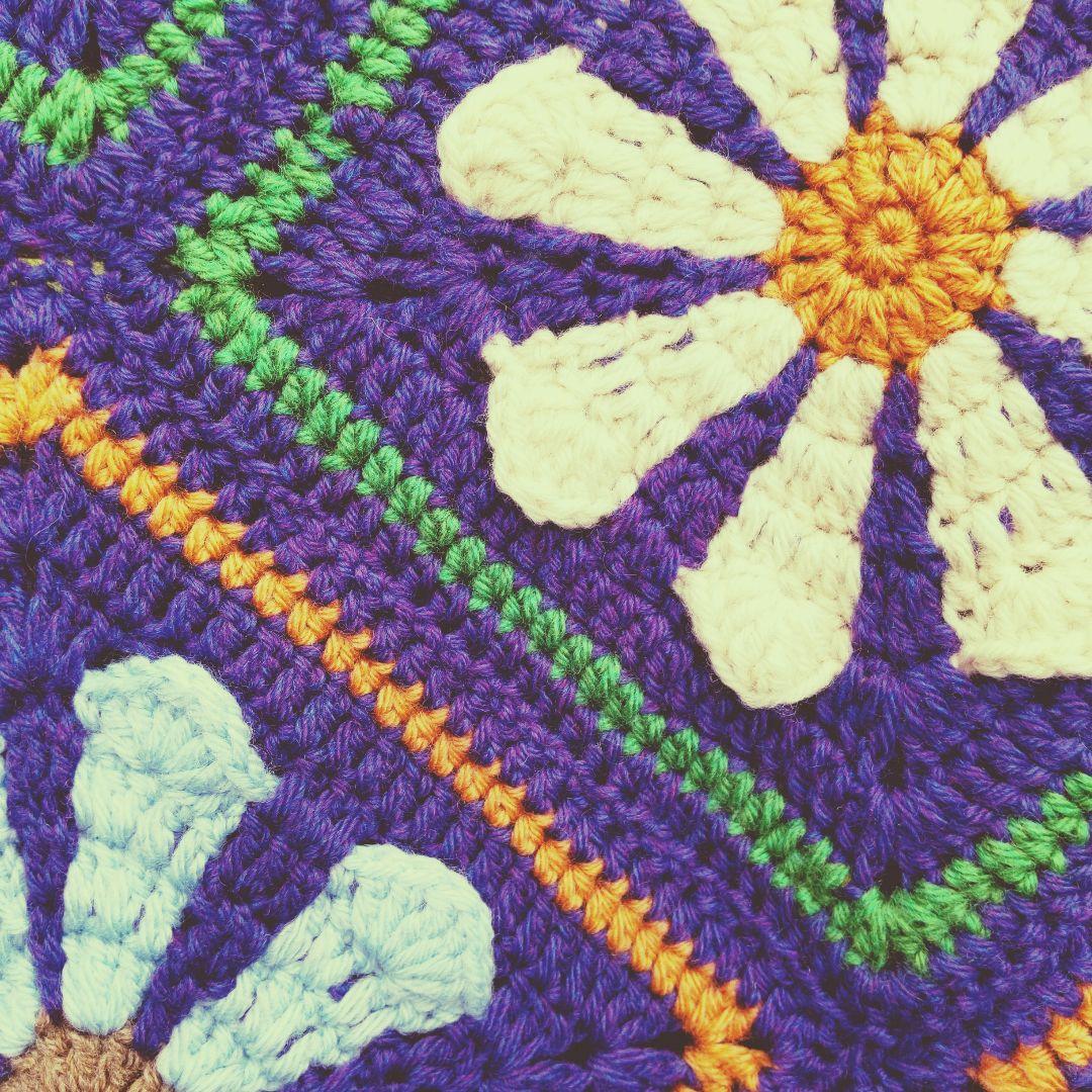 手編み デイジーモチーフ ブランケット レトロ ポップ