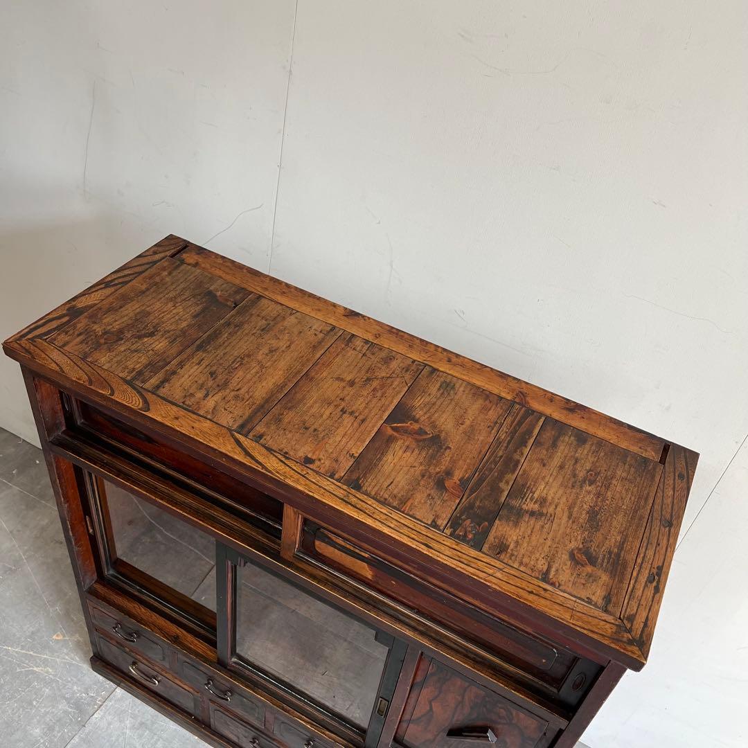 アンティーク 黒柿材 けやき ガラス 茶箪笥 キャビネット 昭和レトロ z460