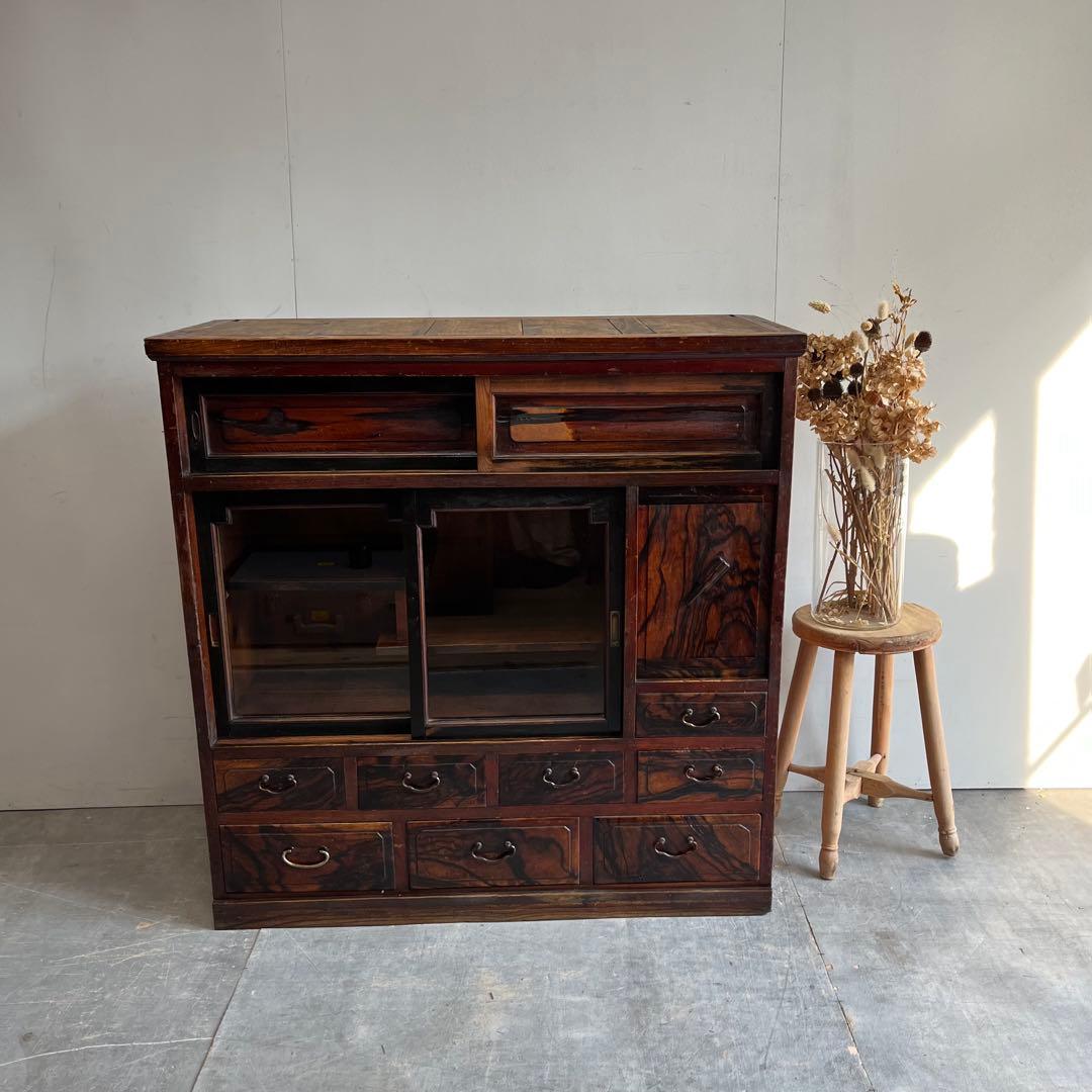 アンティーク 黒柿材 けやき ガラス 茶箪笥 キャビネット 昭和レトロ z460