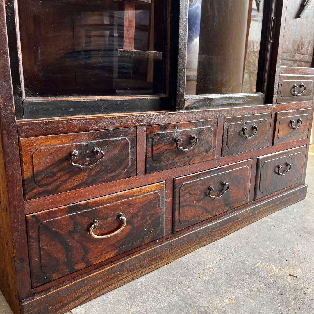 アンティーク 黒柿材 けやき ガラス 茶箪笥 キャビネット 昭和レトロ z460