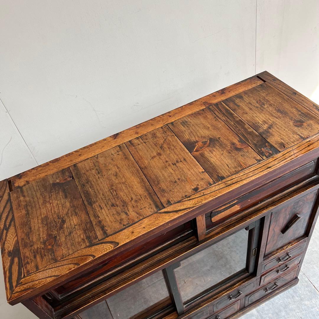 アンティーク 黒柿材 けやき ガラス 茶箪笥 キャビネット 昭和レトロ z460