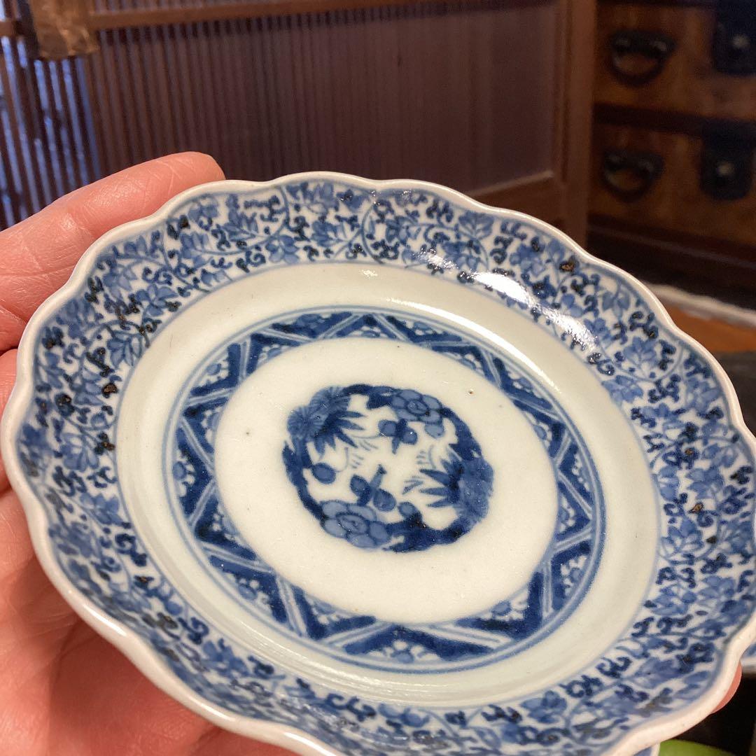 A1060 古伊万里　染付　花唐草　見込松竹梅に富士　輪花型　小皿　　5枚