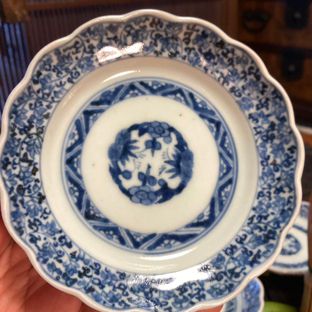 A1060 古伊万里　染付　花唐草　見込松竹梅に富士　輪花型　小皿　　5枚