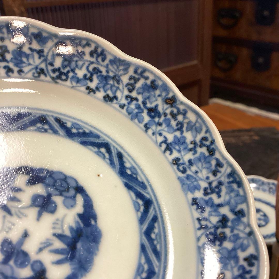 A1060 古伊万里　染付　花唐草　見込松竹梅に富士　輪花型　小皿　　5枚