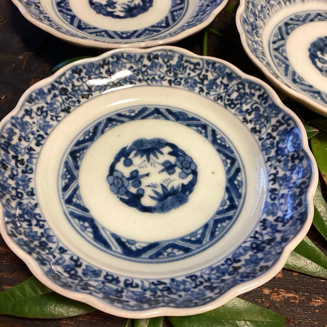 A1060 古伊万里　染付　花唐草　見込松竹梅に富士　輪花型　小皿　　5枚