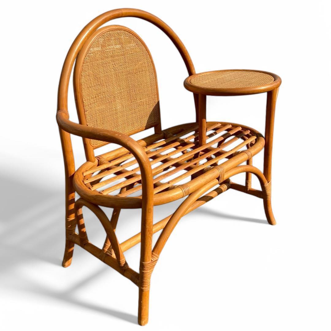 ラタン テレフォンべンチ 藤家具 椅子 テーブル付き 昭和レトロ ヴィンテージ