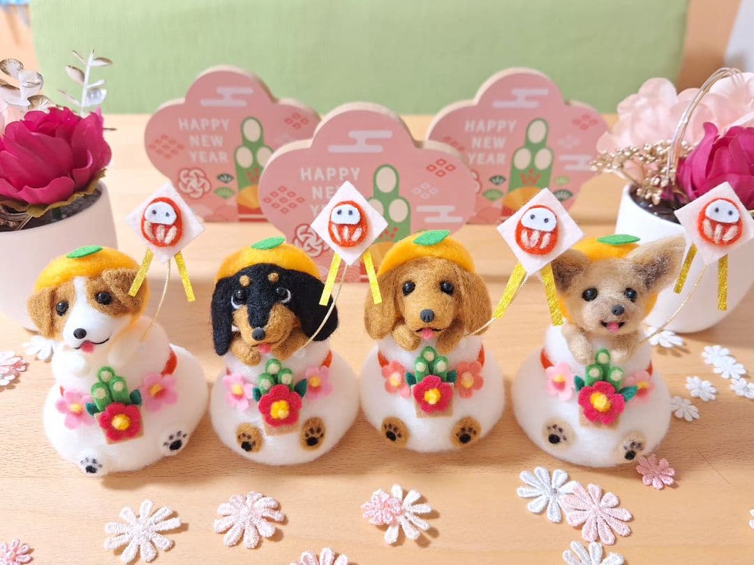 鏡餅わんこ ダックス ブラックタン ☆羊毛フェルト ぬいぐるみ お正月 犬