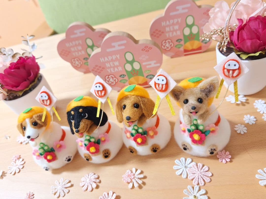 鏡餅わんこ ダックス ブラックタン ☆羊毛フェルト ぬいぐるみ お正月 犬