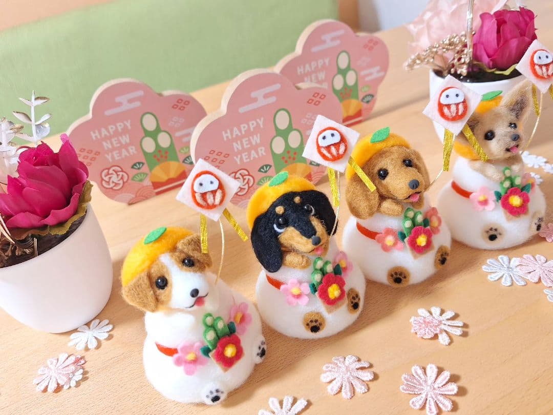 鏡餅わんこ ダックス ブラックタン ☆羊毛フェルト ぬいぐるみ お正月 犬
