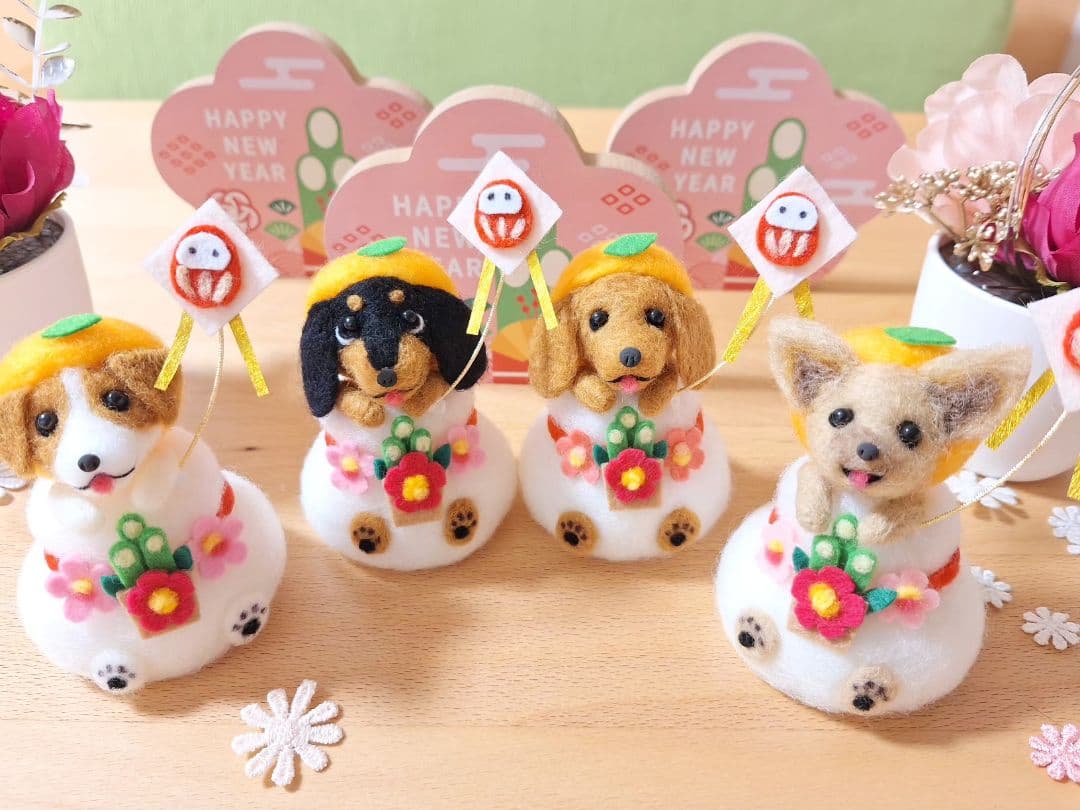 鏡餅わんこ ダックス ブラックタン ☆羊毛フェルト ぬいぐるみ お正月 犬