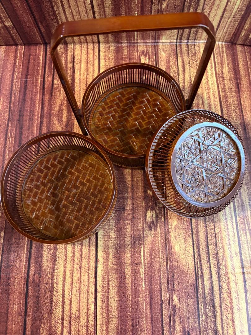 竹籠　蓋付二段重籠　竹細工　昭和レトロ　古道具 茶道具　漆器 菓子器