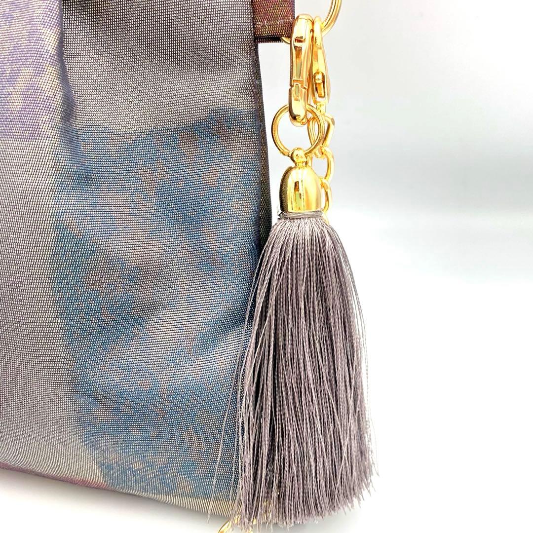 メタリックシルバー　正絹帯リメイクバッグ市松　横長ショルダー&クラッチ2ウェイ