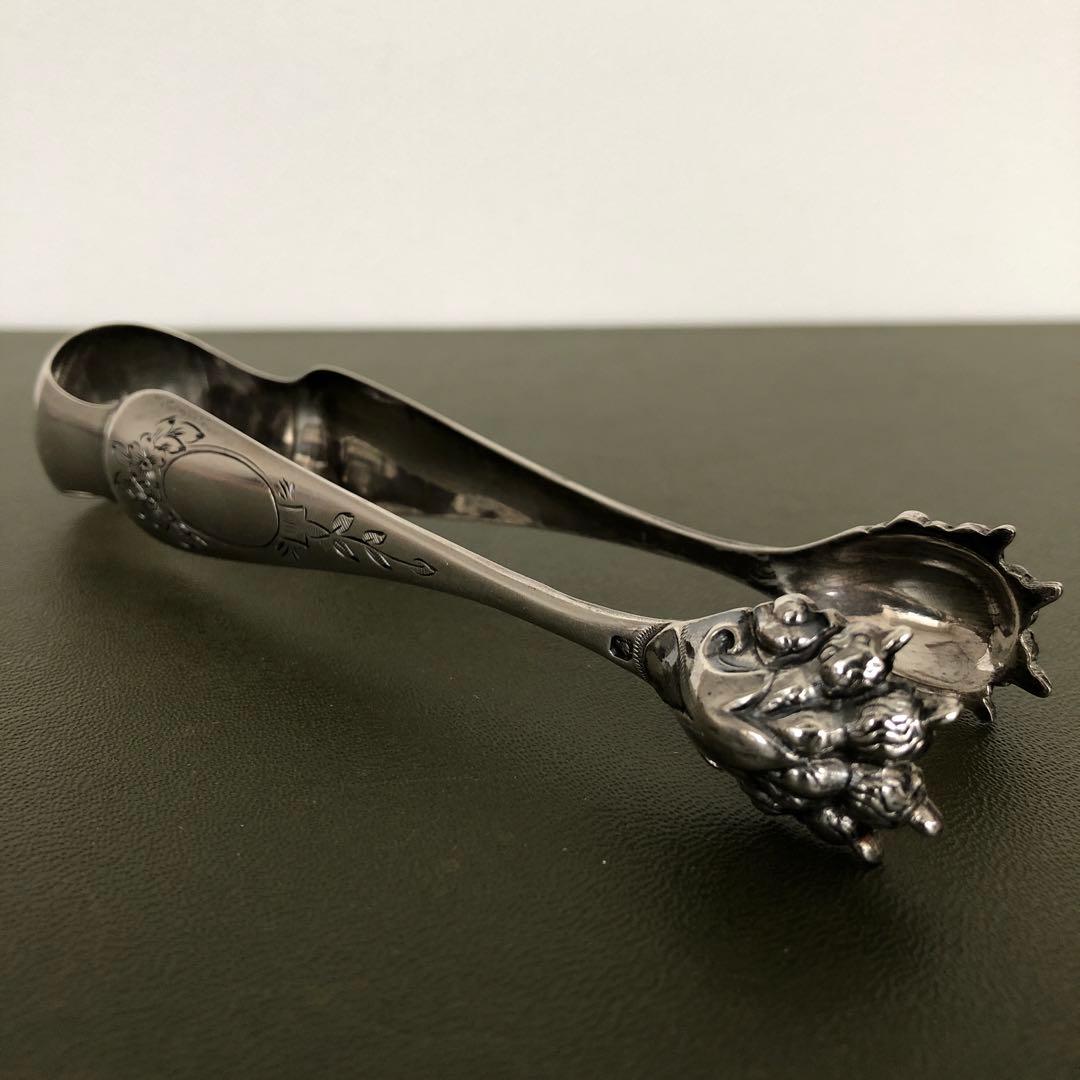 フランス アンティーク　純銀製　獣足　トング　ミネルヴァ　手彫り装飾　ビンテージ