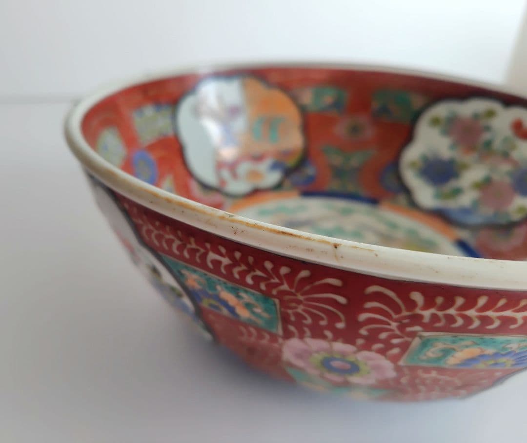 古伊万里　大鉢　赤絵花鳥　直径約24.4cm　二重高台　幕末明治〜　紫陽花　骨董