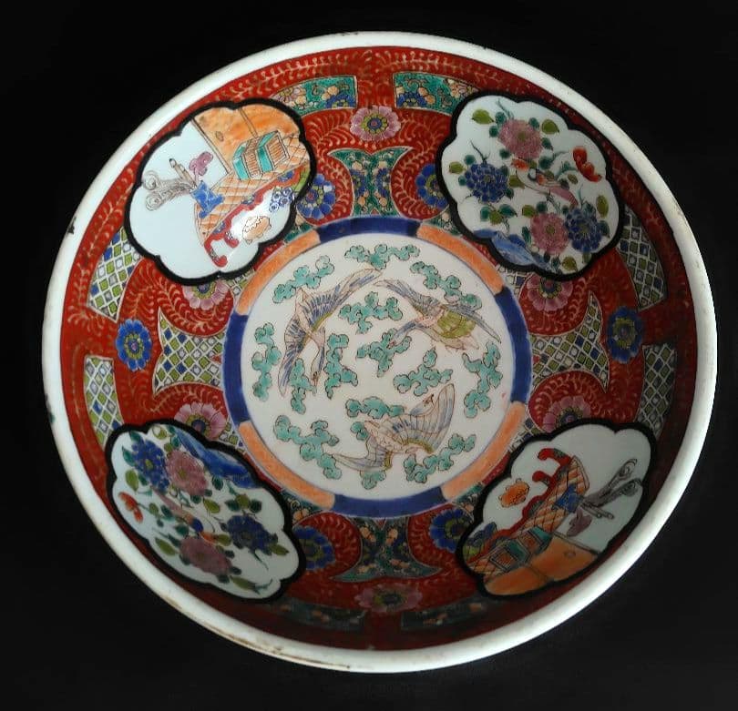 古伊万里　大鉢　赤絵花鳥　直径約24.4cm　二重高台　幕末明治〜　紫陽花　骨董