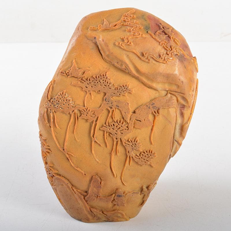 中国　玉石彫刻　山水人物刻　置物　時代箱付　M　R5717