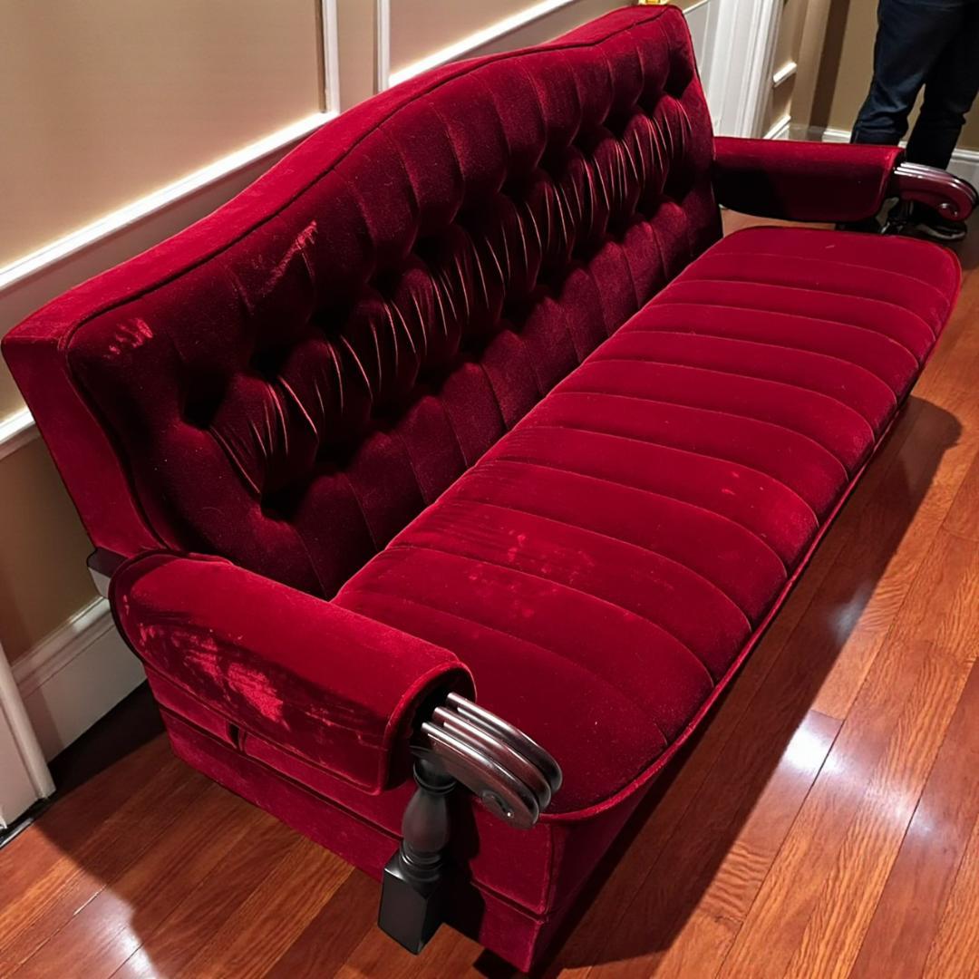 ◇昭和レトロ 古家具 3人掛けベロアソファー アームチェア ヴィンテージ 赤