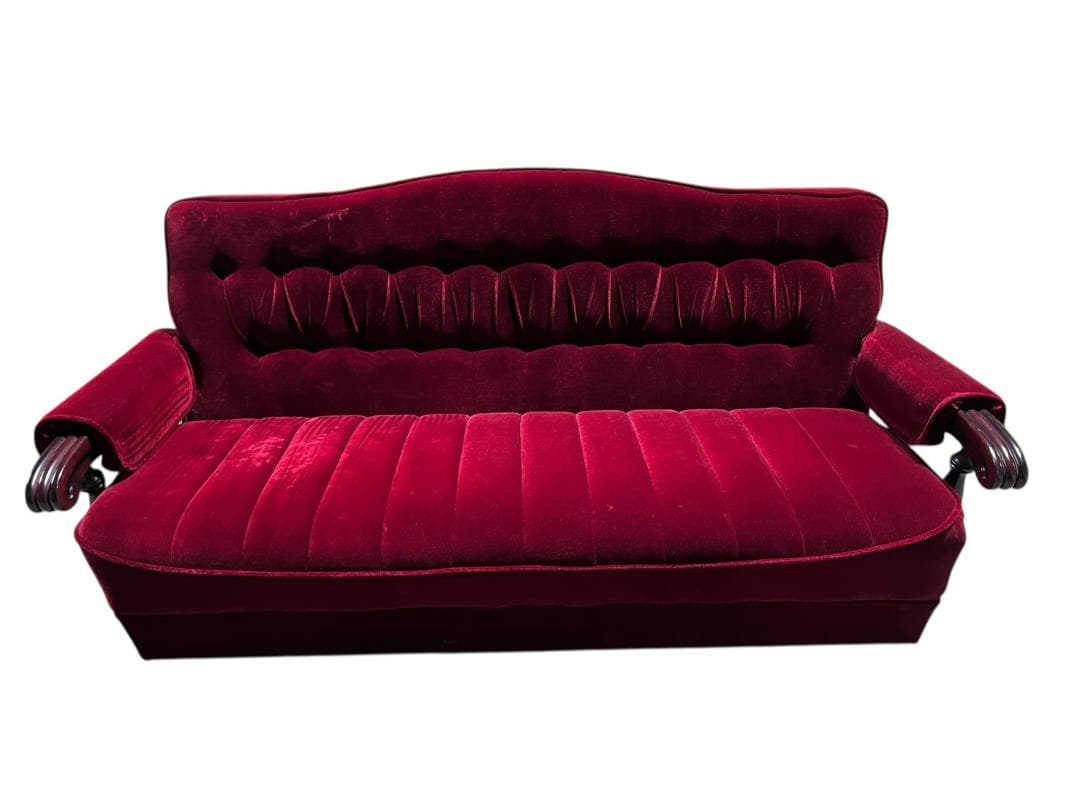 ◇昭和レトロ 古家具 3人掛けベロアソファー アームチェア ヴィンテージ 赤