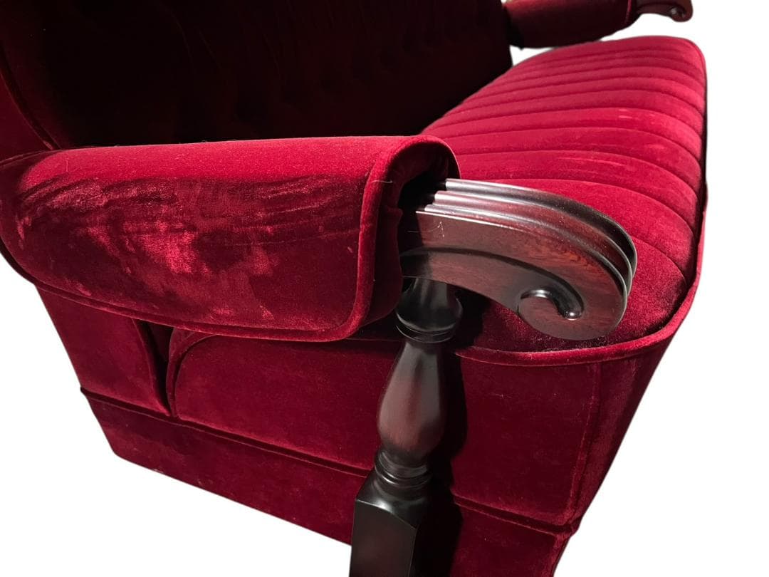 ◇昭和レトロ 古家具 3人掛けベロアソファー アームチェア ヴィンテージ 赤