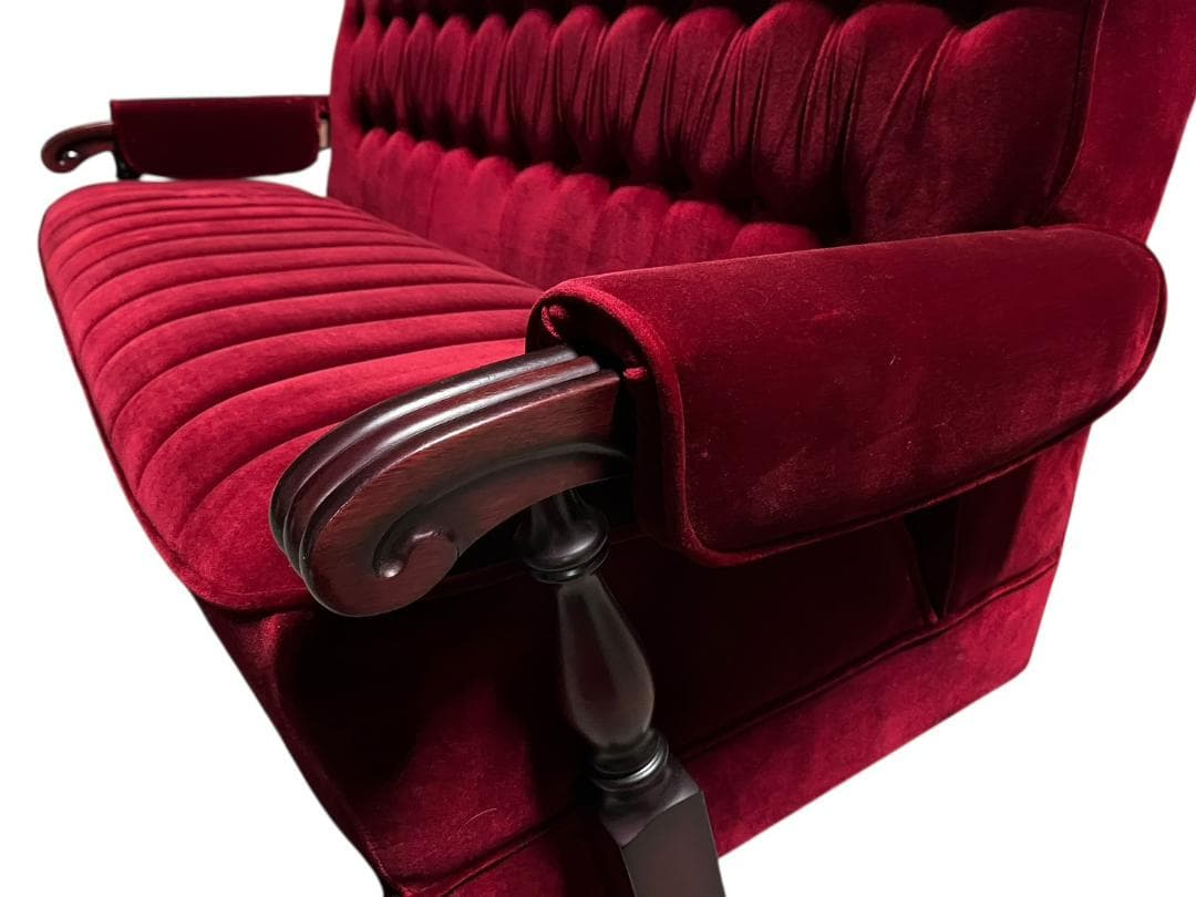 ◇昭和レトロ 古家具 3人掛けベロアソファー アームチェア ヴィンテージ 赤