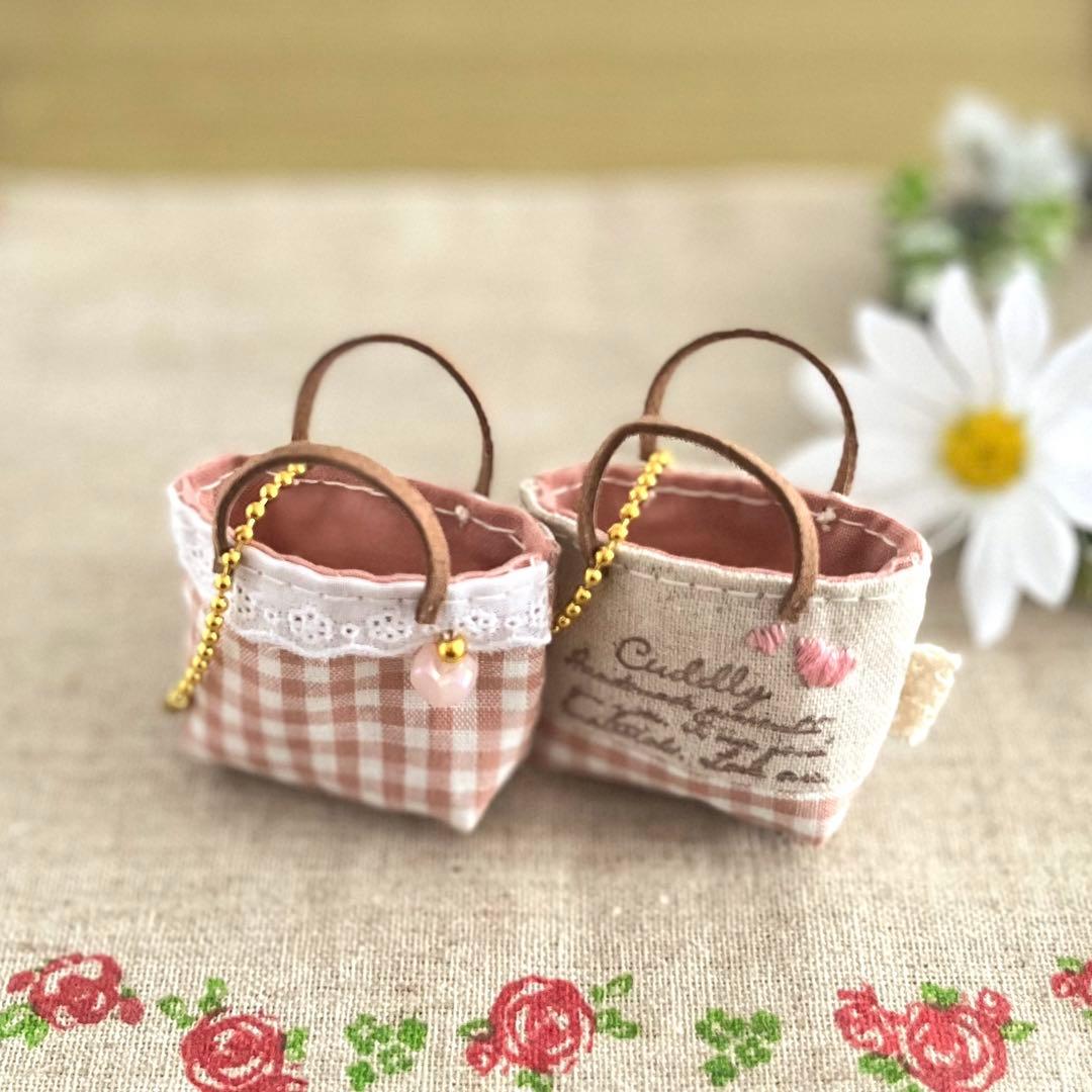 2401-38 ミニチュアトートサシェ 香り袋 2個組 ピンクチェック ♡刺繍