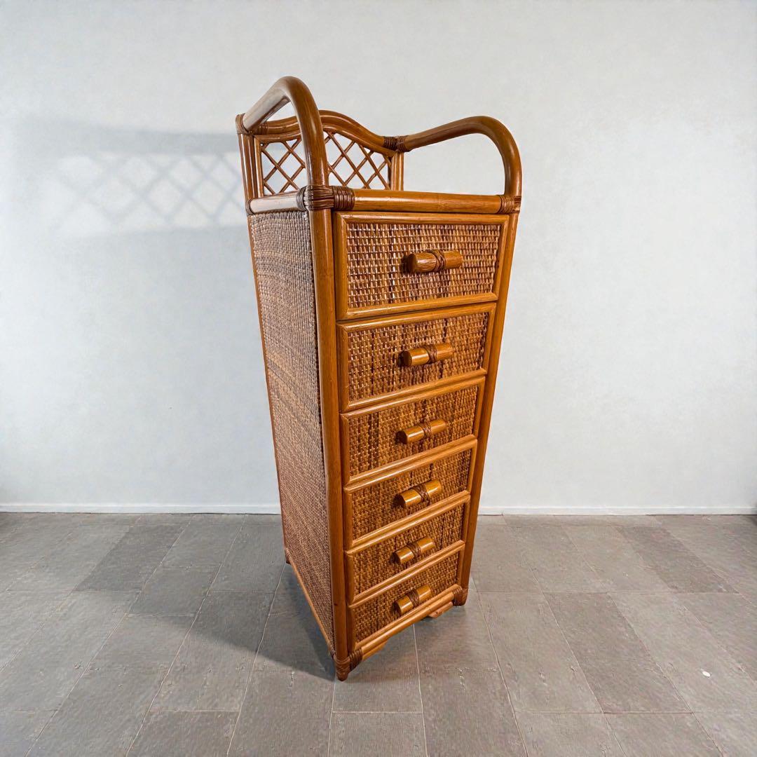 昭和レトロ ラタン 籐 6段チェスト 背が高い 縦長タンス スリム