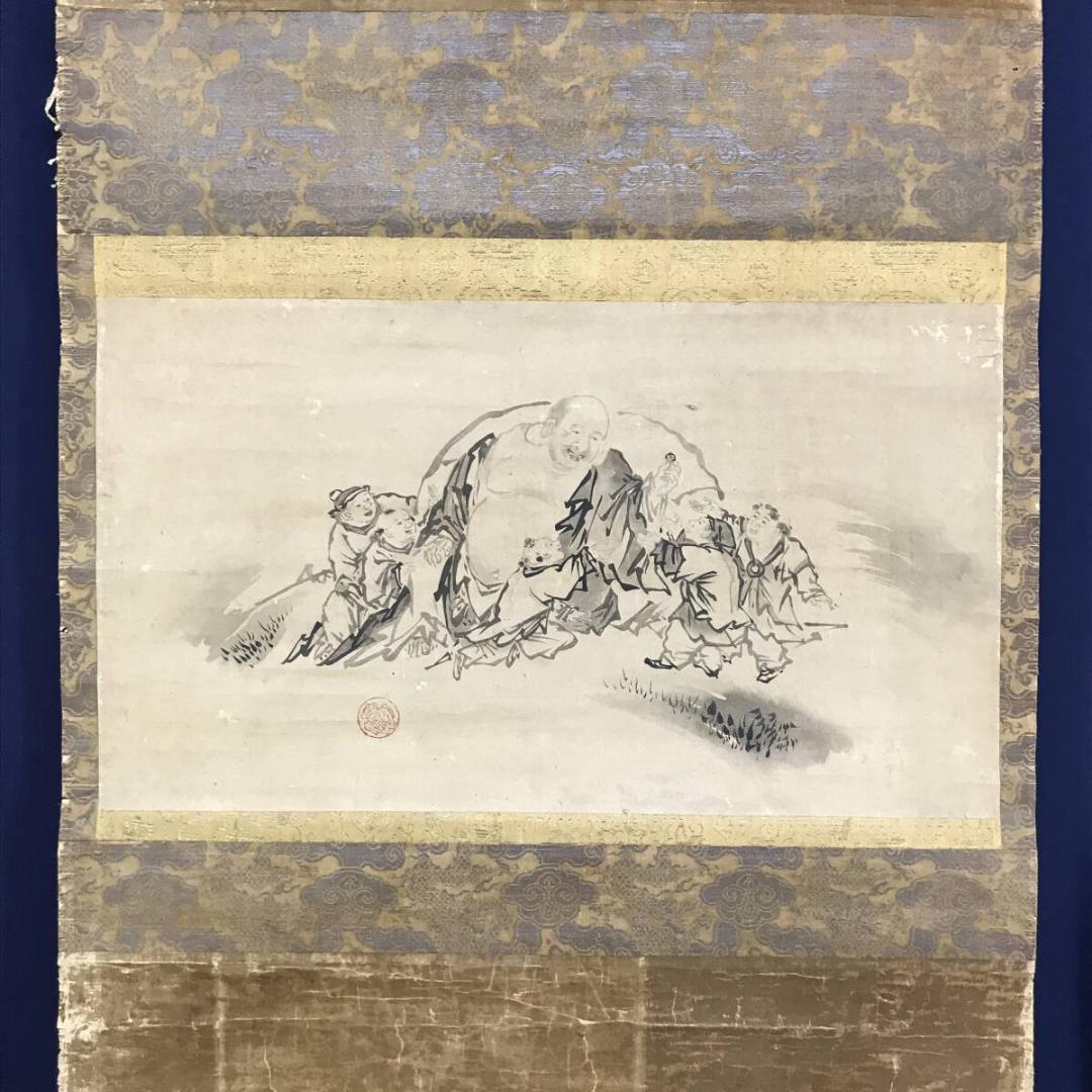 模写/狩野元信/布袋唐子図/福神図/人物図/横物/古画/掛軸☆宝船☆AH