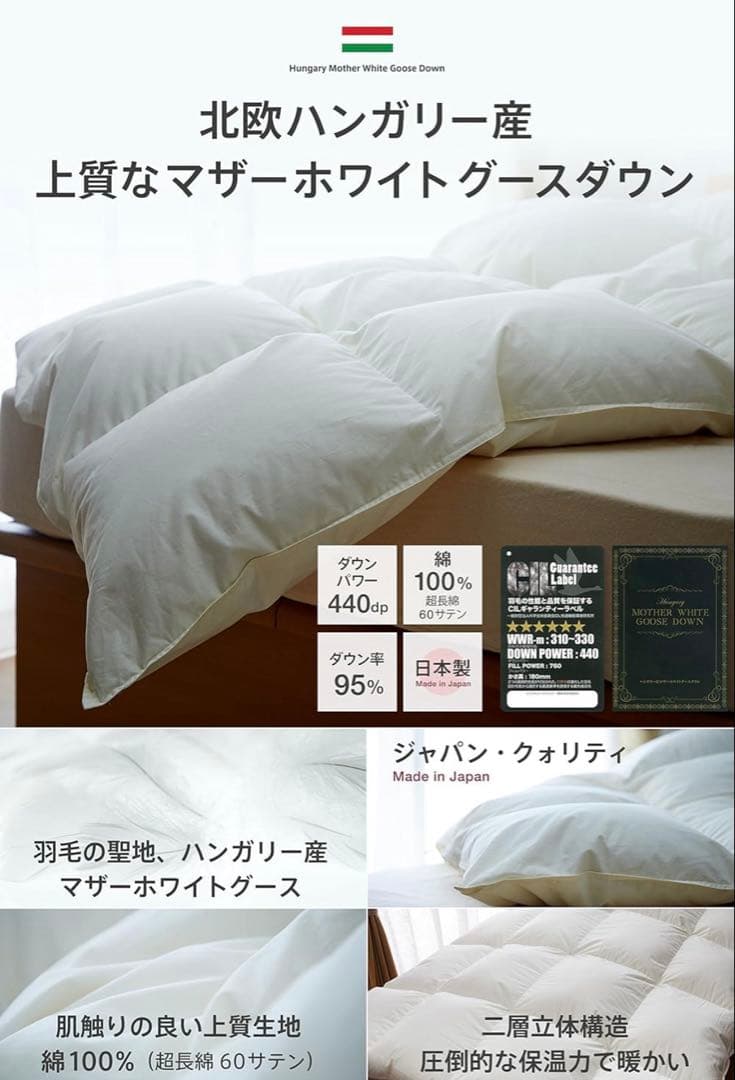 羽毛布団 シングル ハンガリー産ホワイトマザーグースダウン95% 日本製
