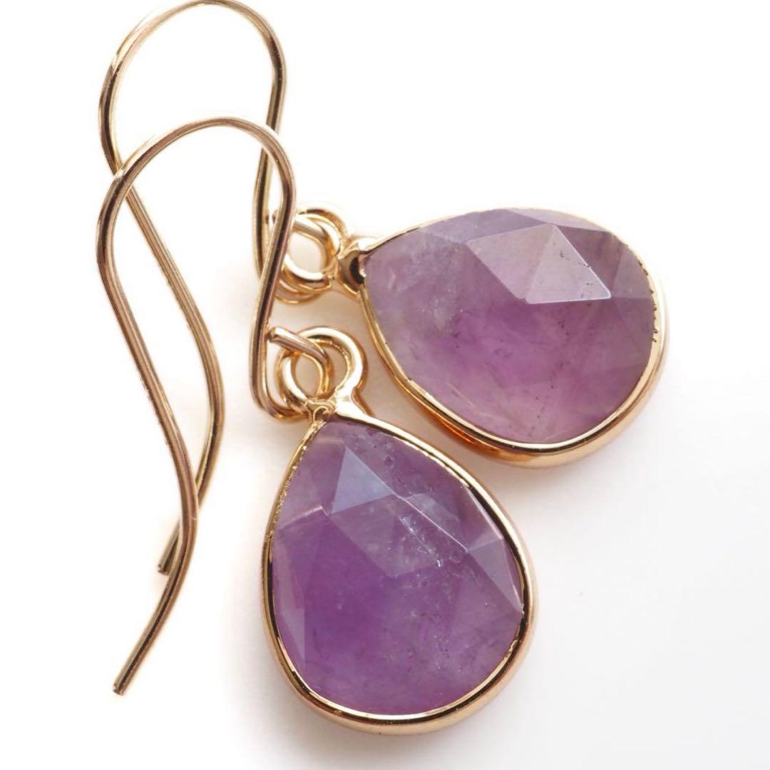 《1点限定/現品です》宝石質アメジストの枠留めピアス/イヤリング