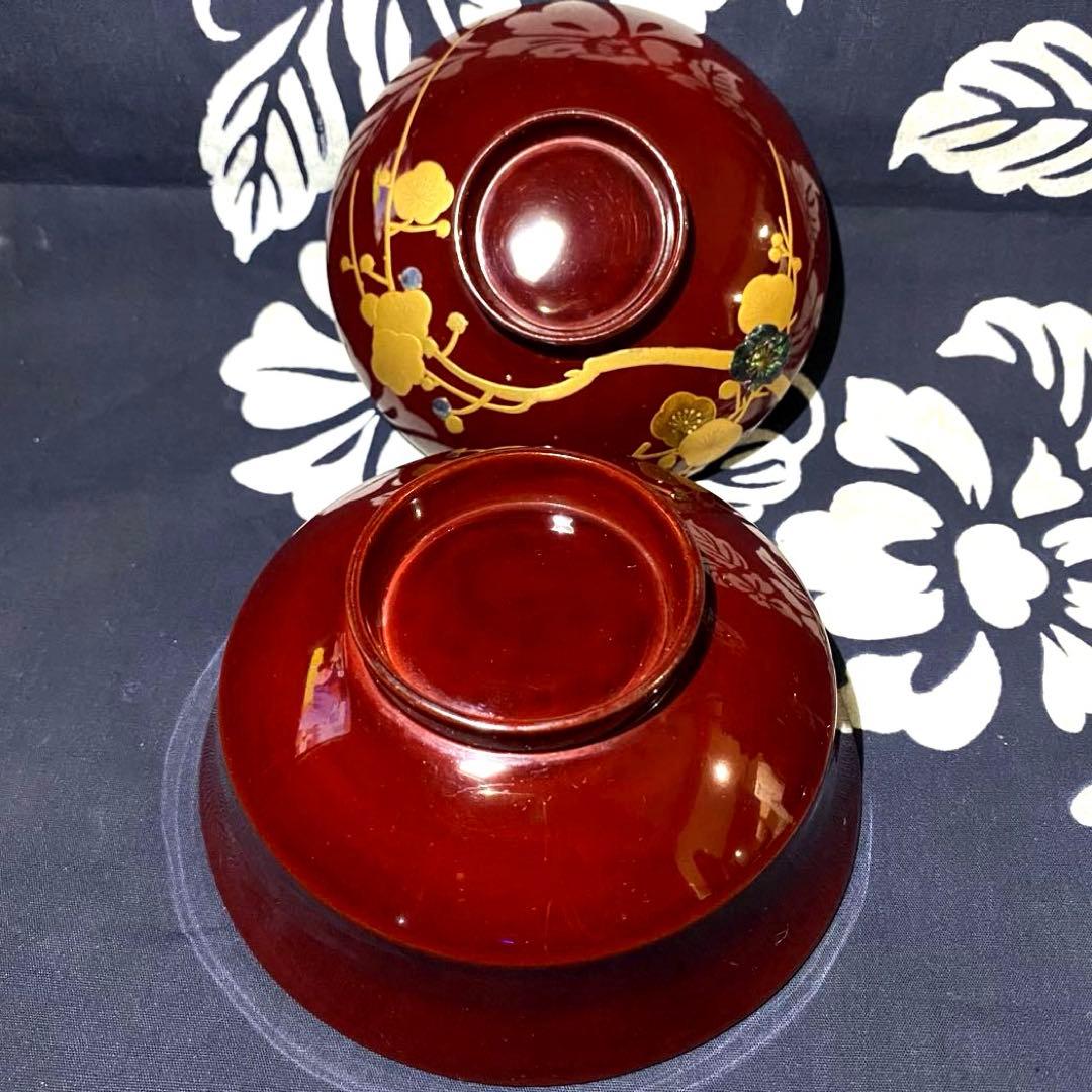 大正時代物骨董 天然木製漆器椀 梅柄金蒔絵・螺鈿 外朱内黒