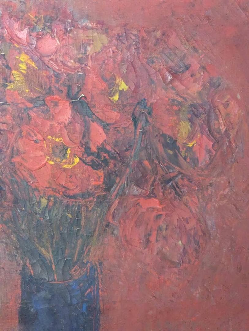 【真作】絵画　油彩4号　情熱の赤に咲く花束　力強いマチエールの一枚　Y101