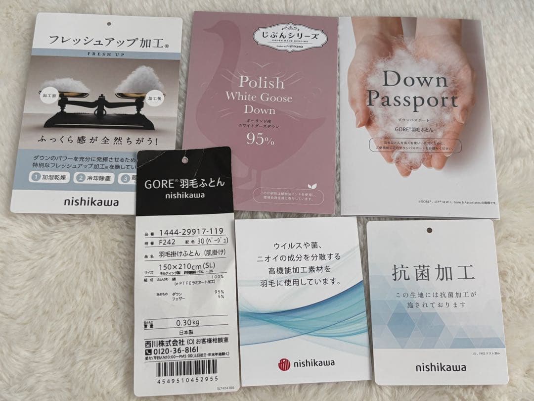 西川★GORE★羽毛掛けふとん（肌掛け）★150x210cm★ダウン95%