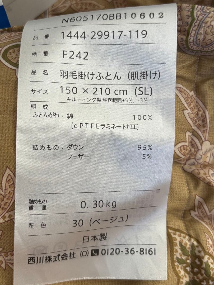 西川★GORE★羽毛掛けふとん（肌掛け）★150x210cm★ダウン95%