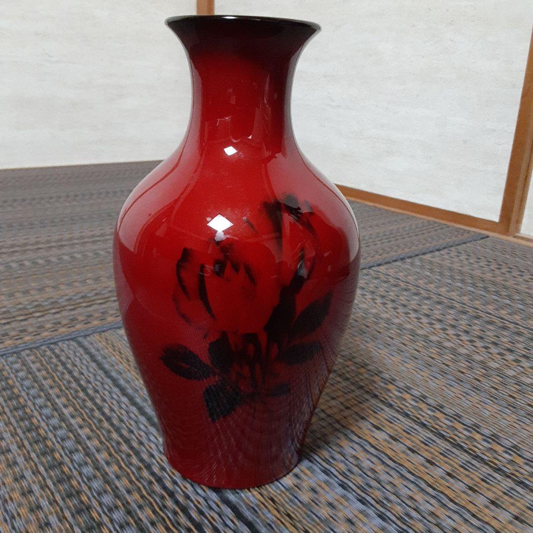 古い辰砂薔薇画ノリタケ花瓶/オールド昭和レトロ朱紅ボーンチャイナ/茶華道活花磁器