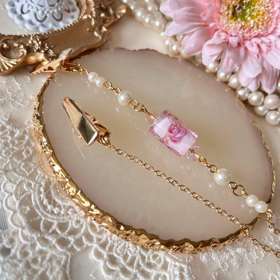 B❤️ 薔薇　ランプワーク　トンボ玉　帽子クリップ　帽子チェーン　　帽子