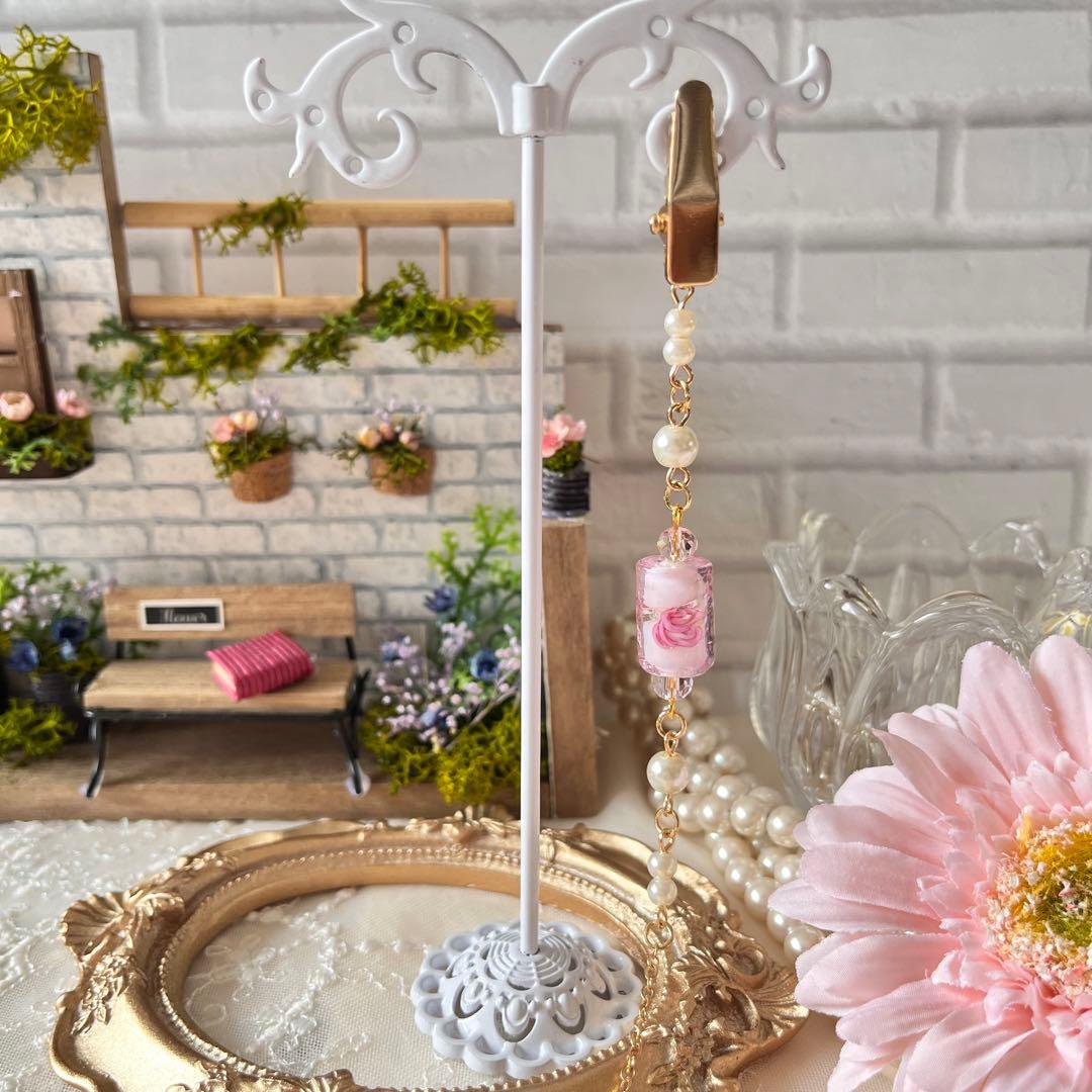 B❤️ 薔薇　ランプワーク　トンボ玉　帽子クリップ　帽子チェーン　　帽子