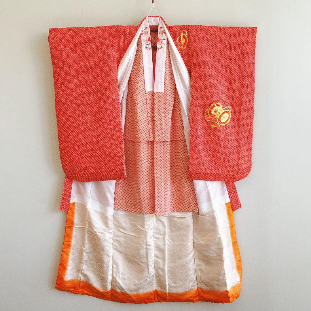 フルセット　七五三　7歳女の子　総しぼり　金糸　刺繍　鼓　黒袋帯　蝶　7066