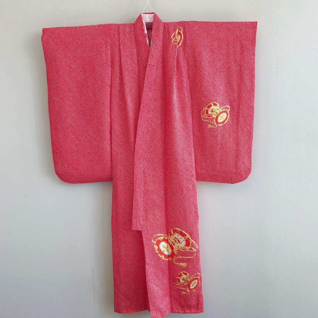 フルセット　七五三　7歳女の子　総しぼり　金糸　刺繍　鼓　黒袋帯　蝶　7066