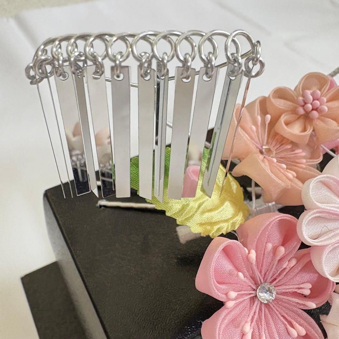 七五三 髪飾り 勝山かんざし 桜色 緑 7歳 つまみ細工