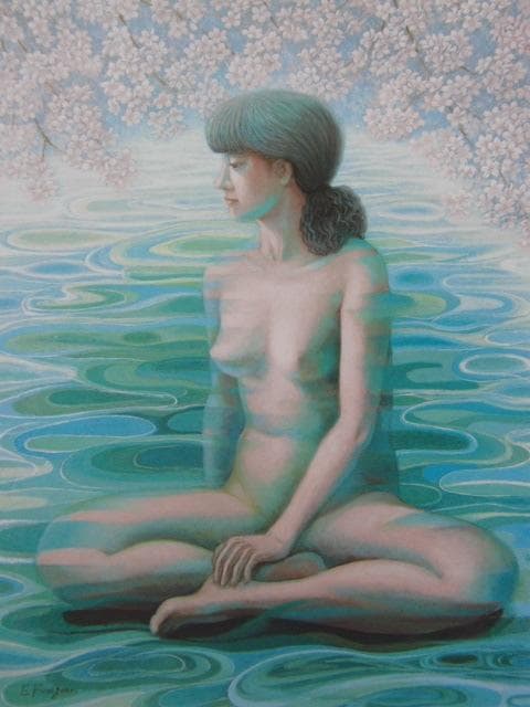 古園繪津、【水桜譜】、希少な額装用画集より、美品、新品額装付