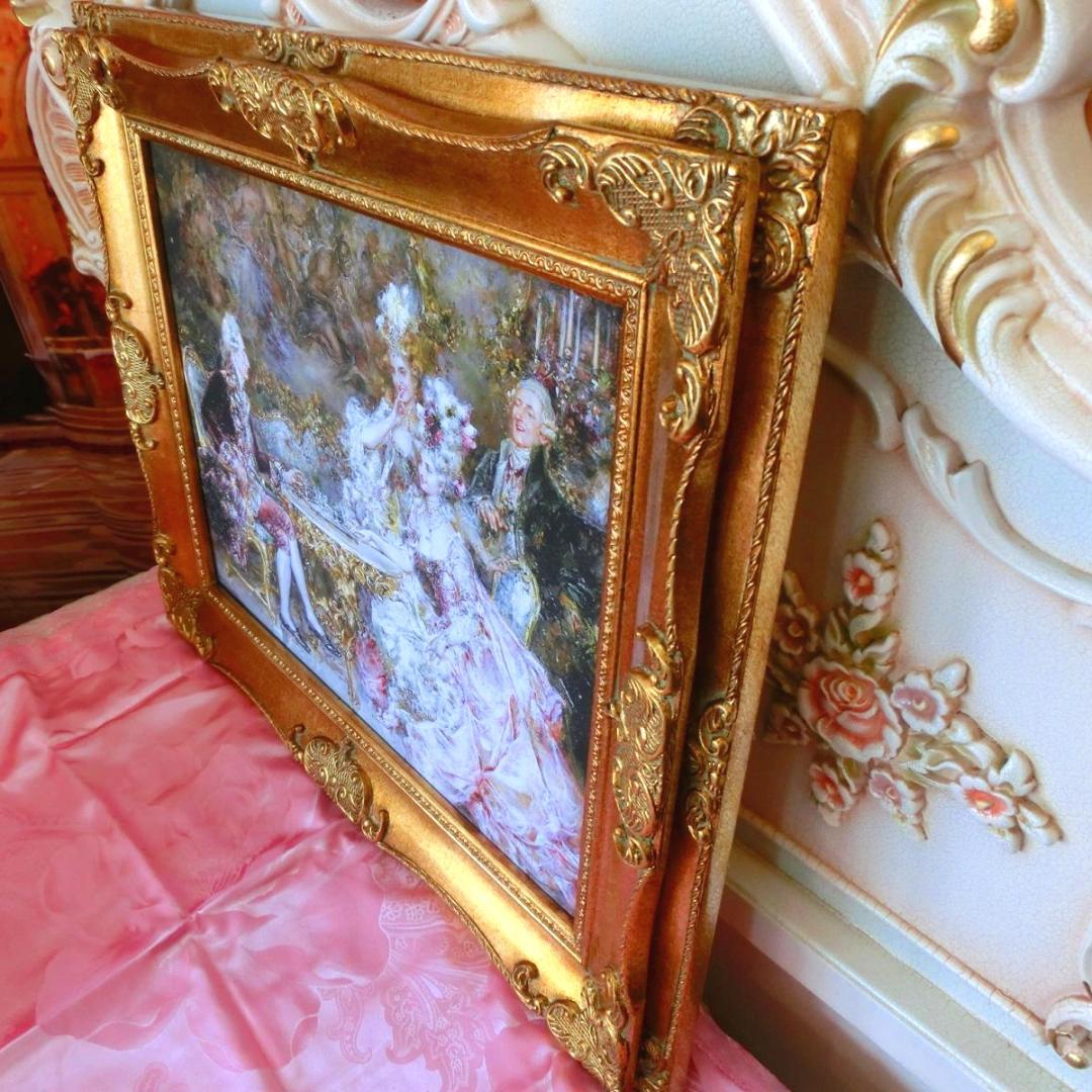 中世ヨーロッパ貴族を描いたロココ額絵 W65cm H55cm