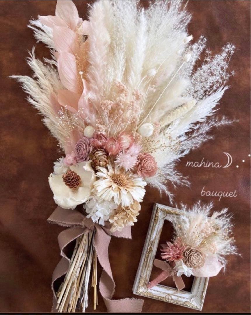 ウェディングブーケ ブートニア付き くすみピンク ドライフラワーブーケ 前撮り