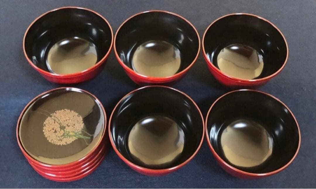 《レ》元禄形 溜塗 蒔絵付 吸物椀5客 木製漆器 木箱 251113え1