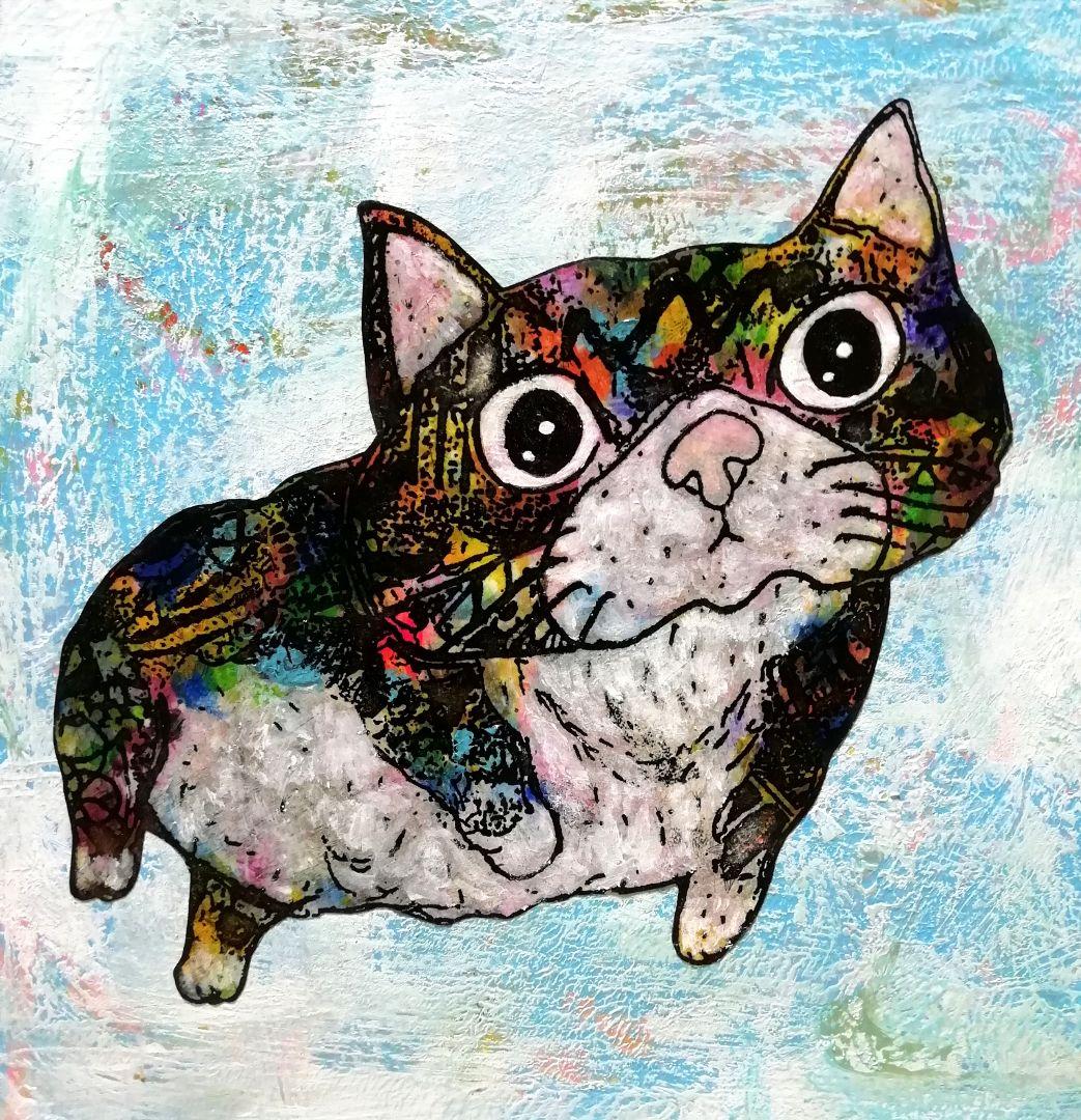 銅版画応用絵画　title「プカプカ猫Neo」