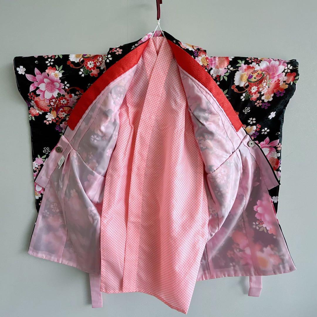 セット　七五三　３歳女の子　長着＆被布＆長襦袢＆小物　黒地　桜　地紋　うさぎ