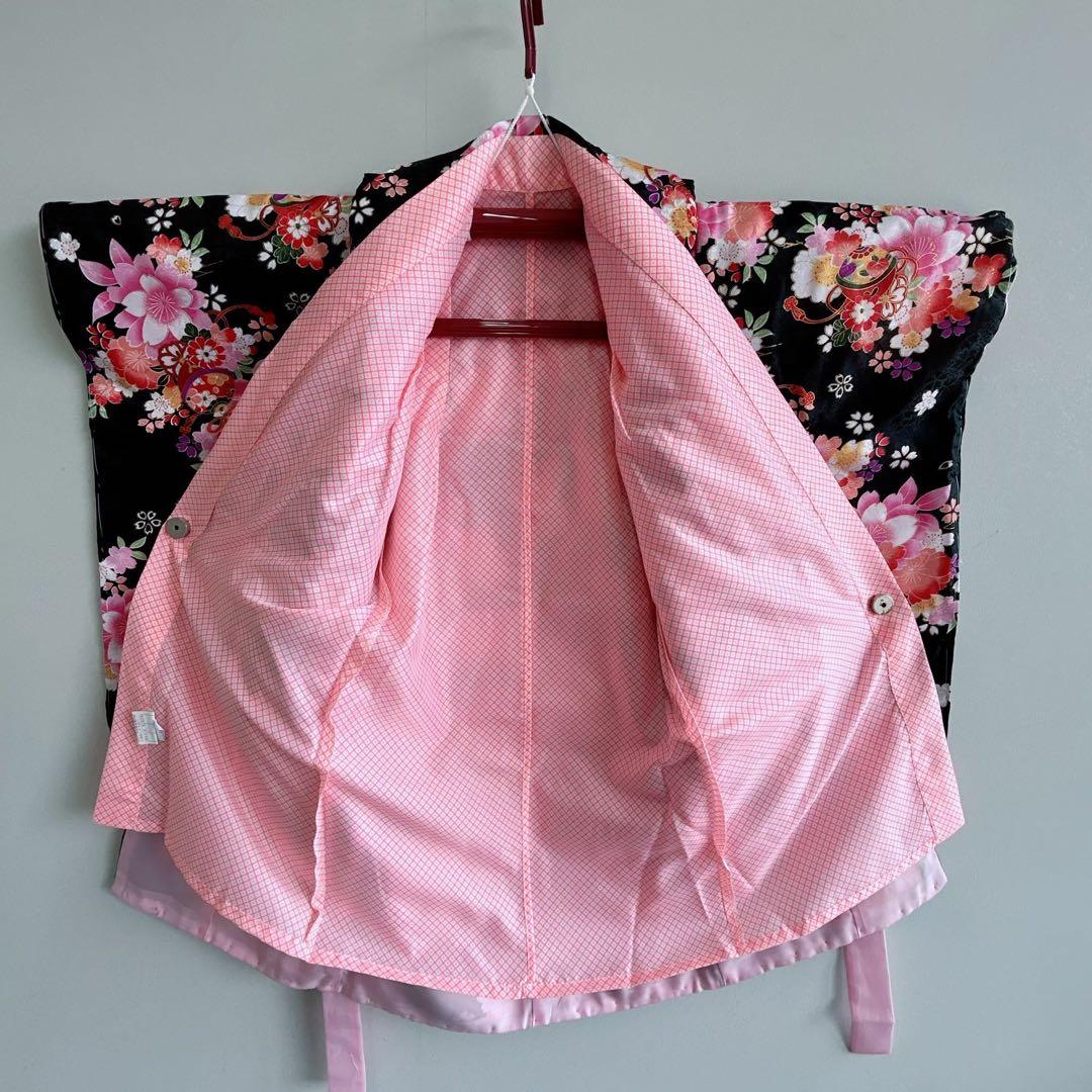 セット　七五三　３歳女の子　長着＆被布＆長襦袢＆小物　黒地　桜　地紋　うさぎ